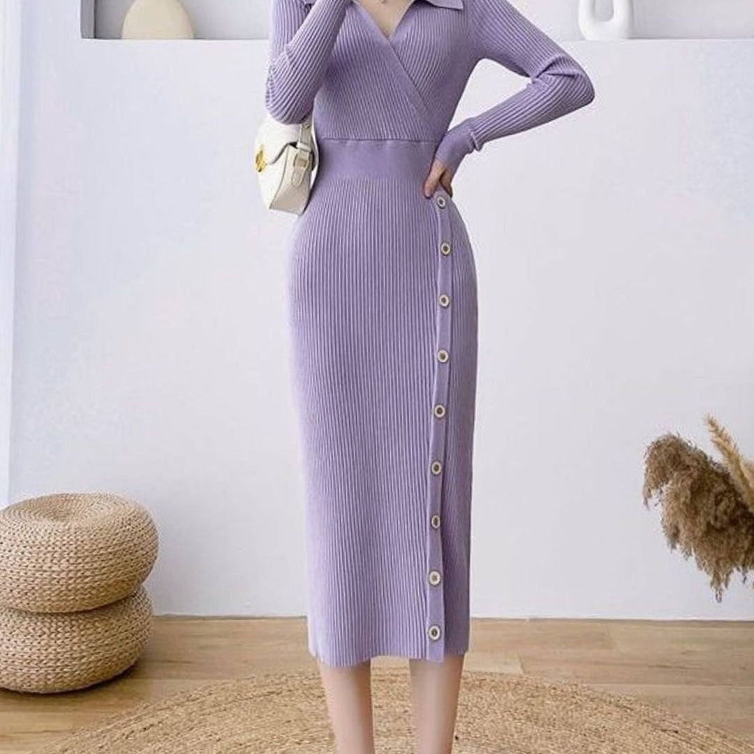 Women's Ribbed Knit Long Sleeve Wrap-Style Button Midi Sweater Dress - Purple