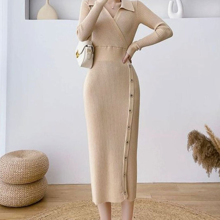 Women's Ribbed Knit Long Sleeve Wrap-Style Button Midi Sweater Dress - Khaki