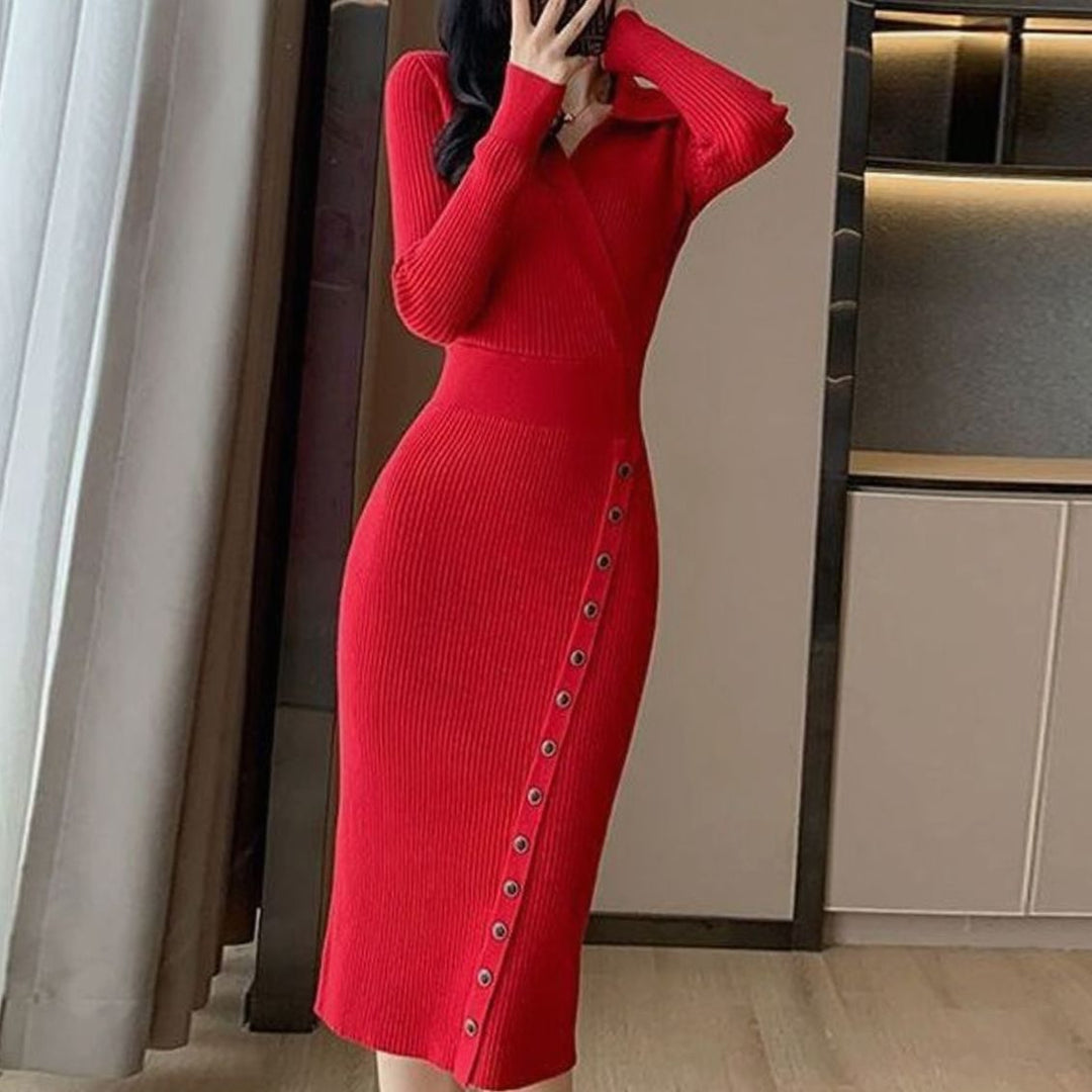 Women's Ribbed Knit Long Sleeve Wrap-Style Button Midi Sweater Dress - Red