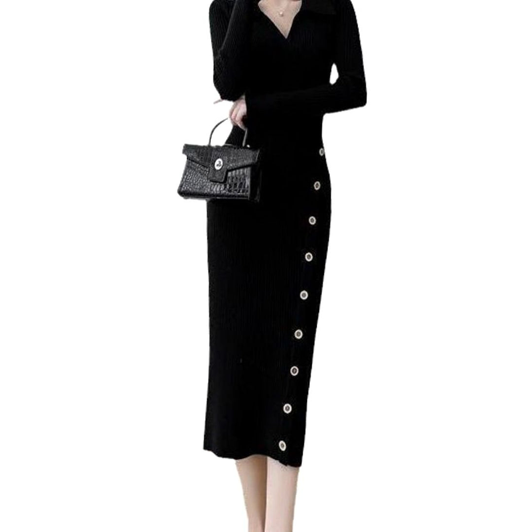 Women's Ribbed Knit Long Sleeve Wrap-Style Button Midi Sweater Dress