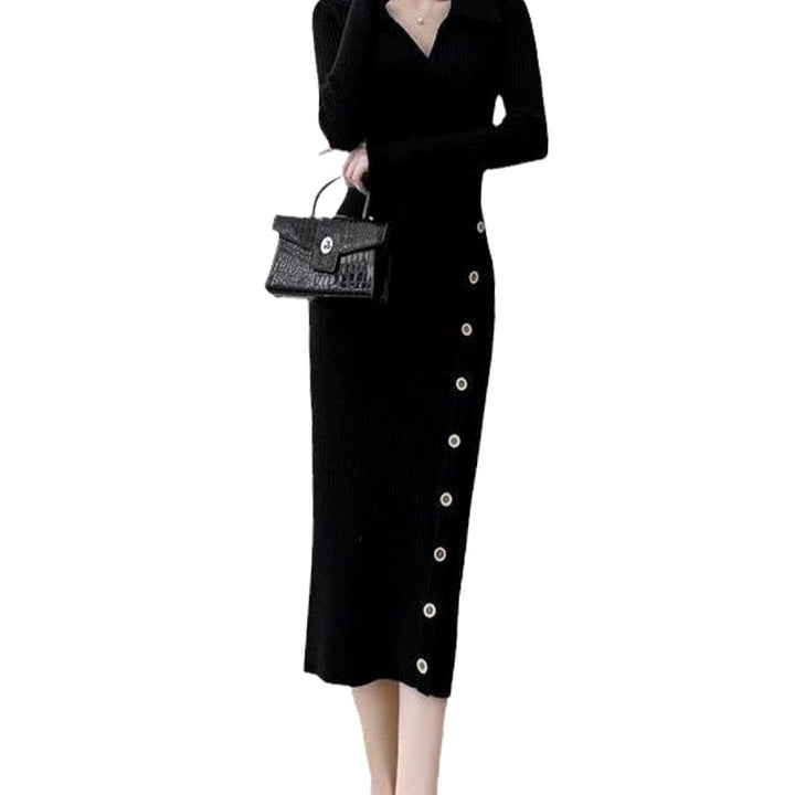 Women's Ribbed Knit Long Sleeve Wrap-Style Button Midi Sweater Dress