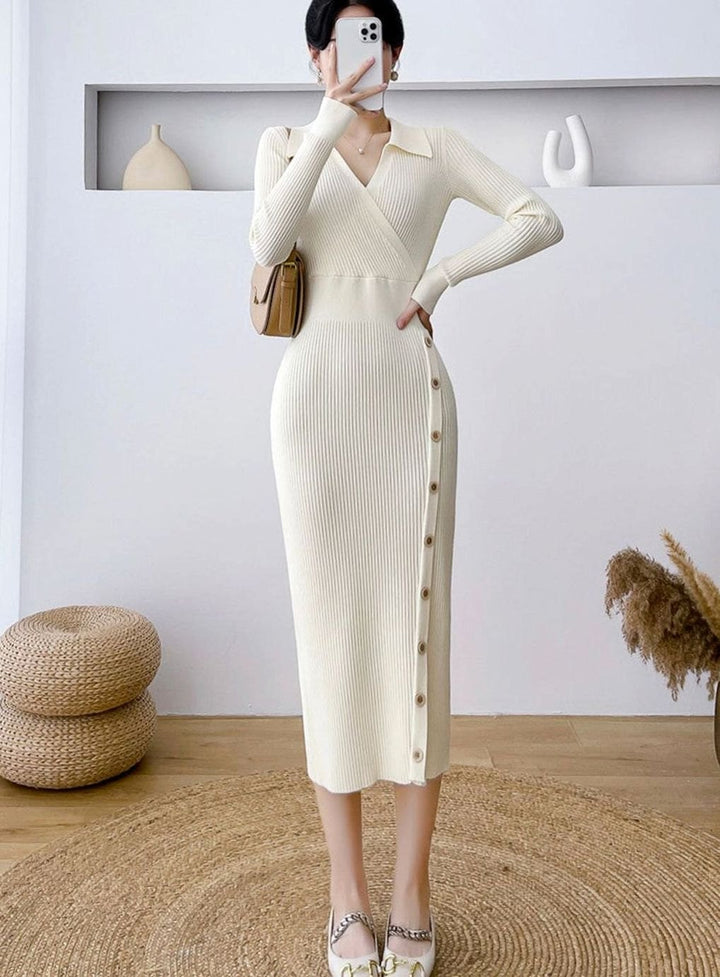 Women's Ribbed Knit Long Sleeve Wrap-Style Button Midi Sweater Dress - Beige