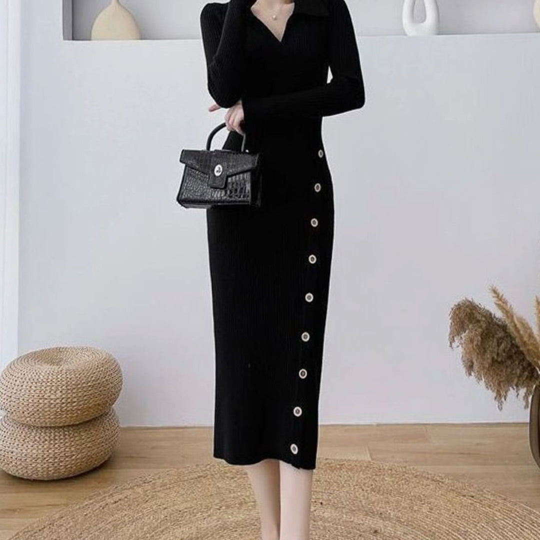 Women's Ribbed Knit Long Sleeve Wrap-Style Button Midi Sweater Dress - Black