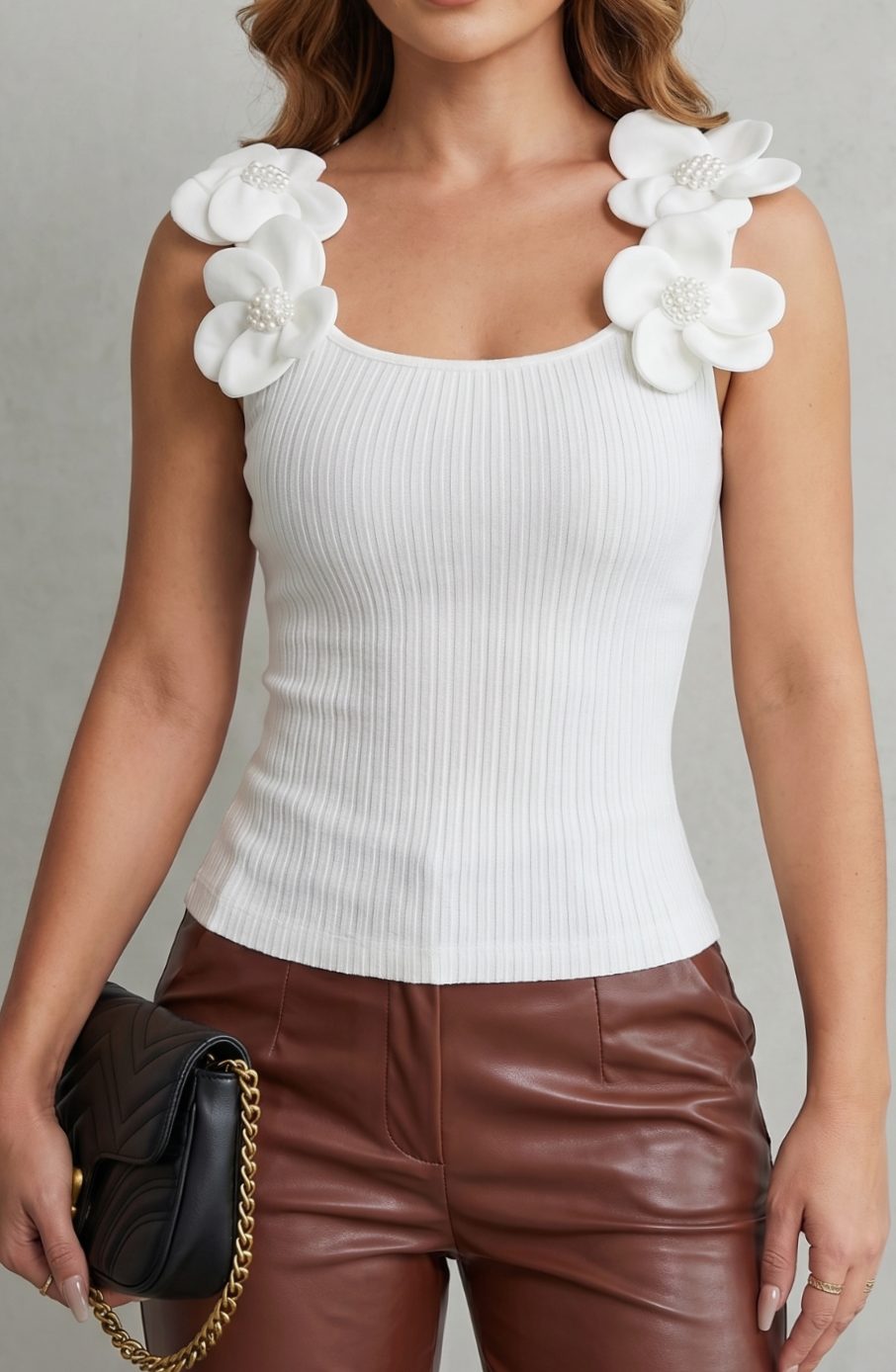 Women's Ribbed Knit Sleeveless Top 3D Floral Strap Scoop Neck - White