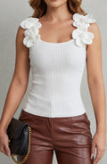 Victoria | Women's Ribbed Knit Sleeveless Top 3D Floral Strap Scoop Neck
