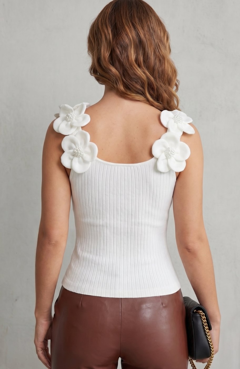 Women's Ribbed Knit Sleeveless Top 3D Floral Strap Scoop Neck