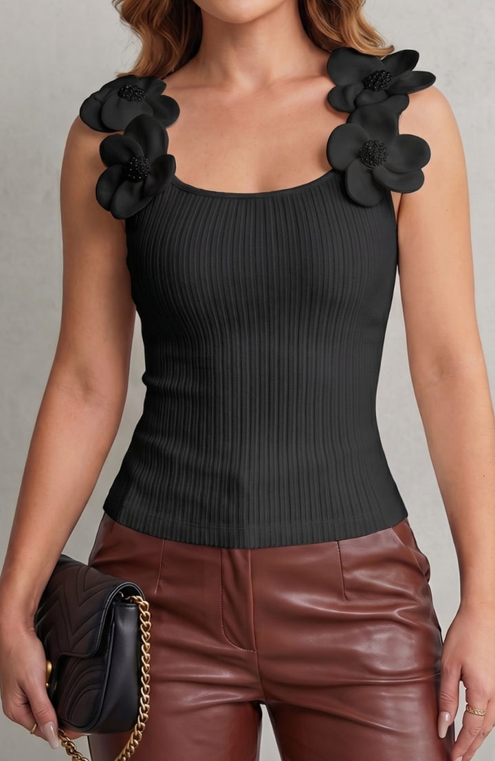 Women's Ribbed Knit Sleeveless Top 3D Floral Strap Scoop Neck - Black