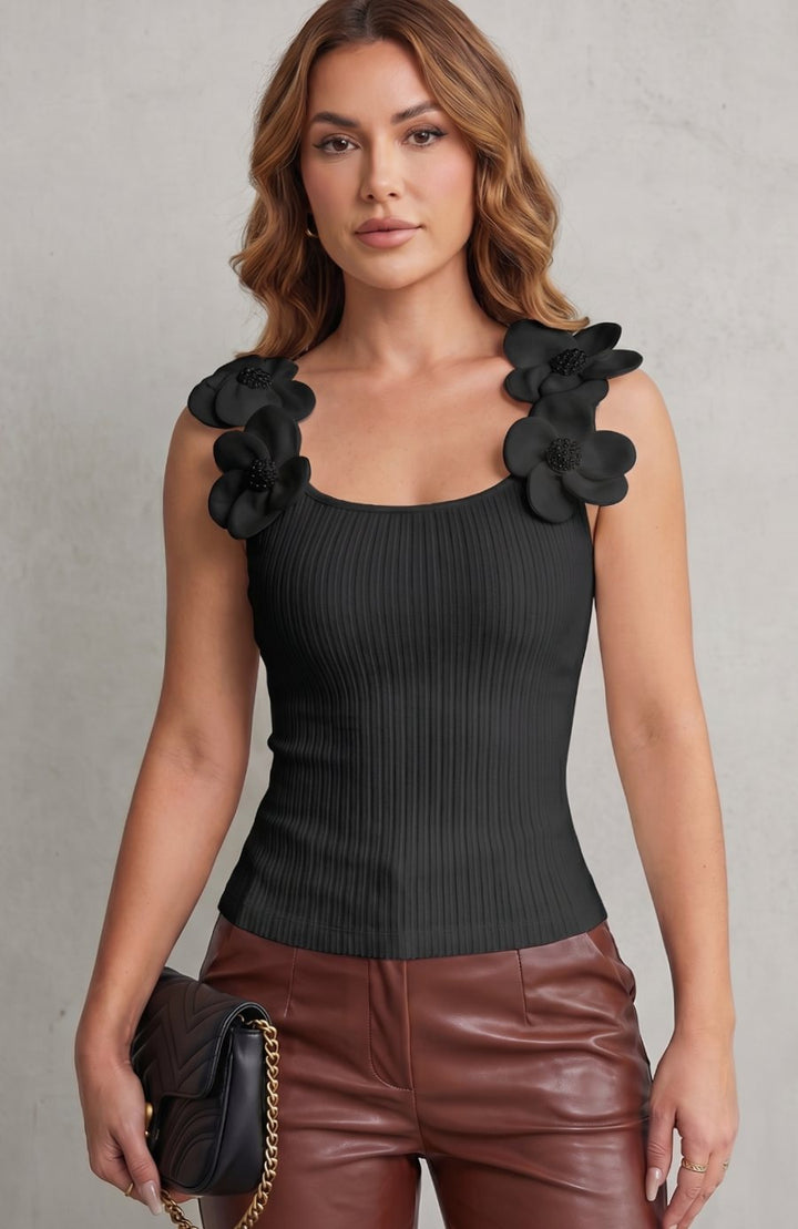 Women's Ribbed Knit Sleeveless Top 3D Floral Strap Scoop Neck