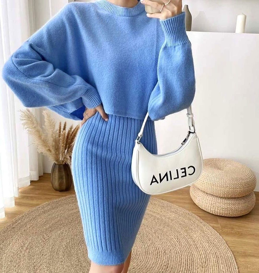 Women's Ribbed Knit Sweater Dress Balloon Sleeve Midi - Blue