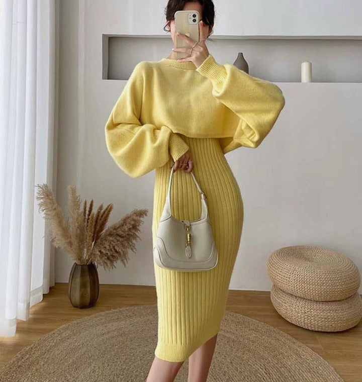 Women's Ribbed Knit Sweater Dress Balloon Sleeve Midi - Yellow