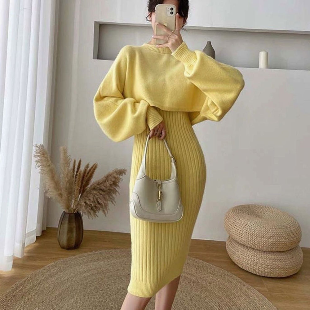 Women's Ribbed Knit Sweater Dress Balloon Sleeve Midi