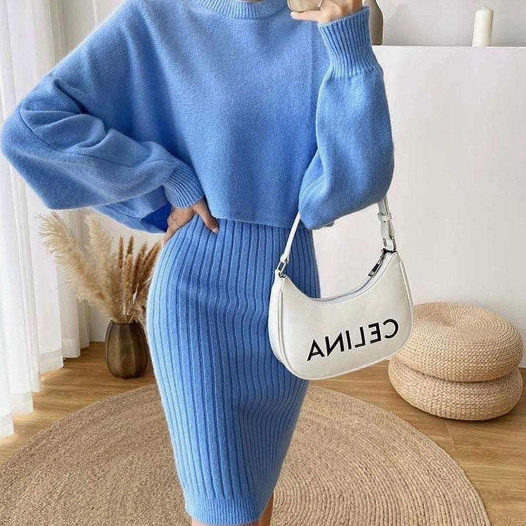 Women's Ribbed Knit Sweater Dress Balloon Sleeve Midi