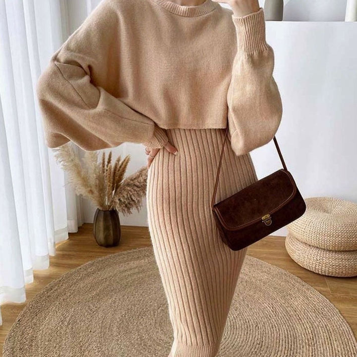 Women's Ribbed Knit Sweater Dress Balloon Sleeve Midi