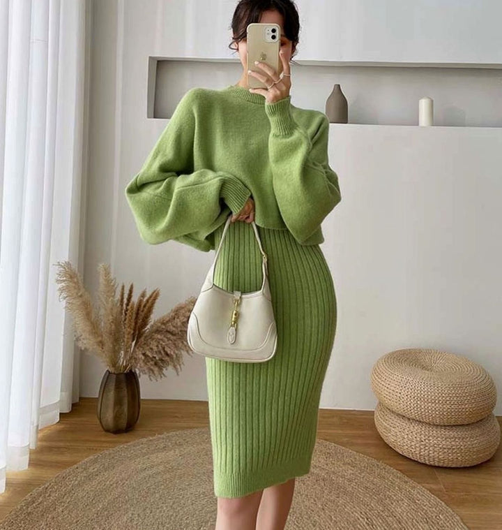 Women's Ribbed Knit Sweater Dress Balloon Sleeve Midi - Avocado Green