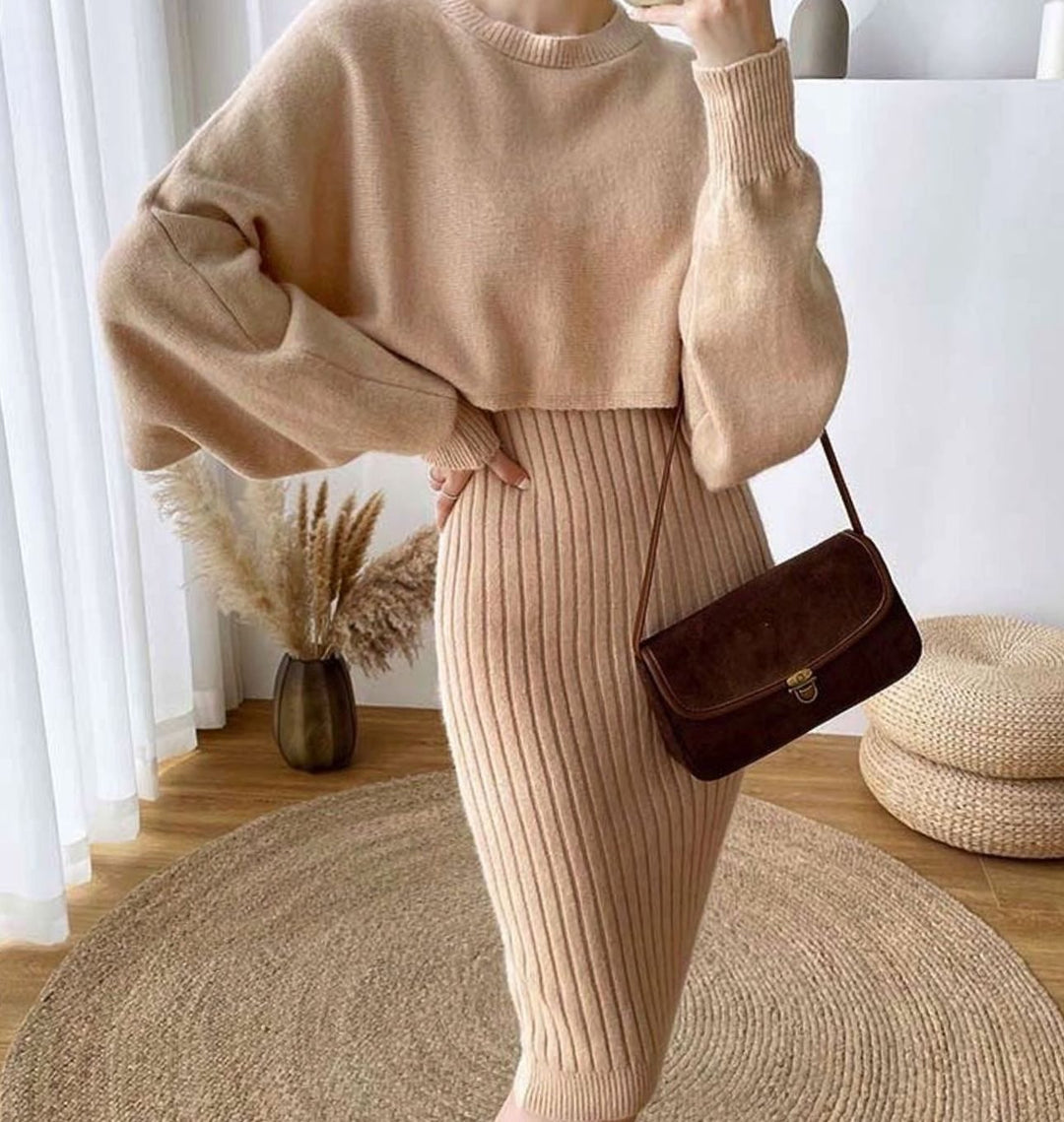 Women's Ribbed Knit Sweater Dress Balloon Sleeve Midi - Khaki