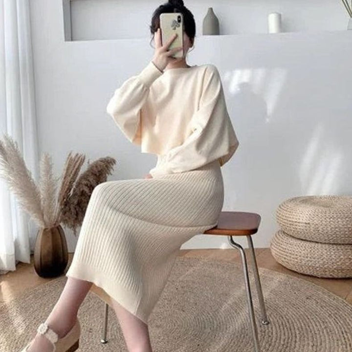 Women's Ribbed Knit Sweater Dress Balloon Sleeve Midi - Apricot