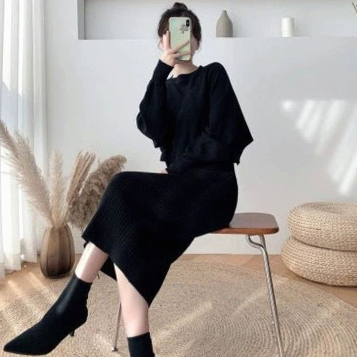 Women's Ribbed Knit Sweater Dress Balloon Sleeve Midi - Black