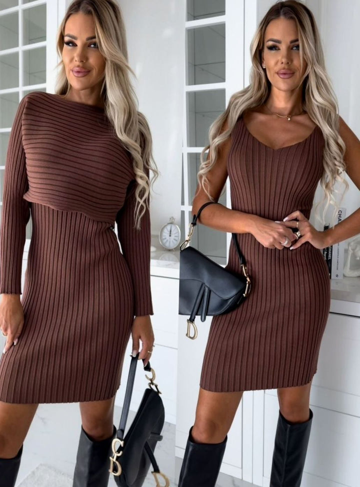 Women's Ribbed Knit Sweater Dress Set Long Sleeve Bodycon - Brown