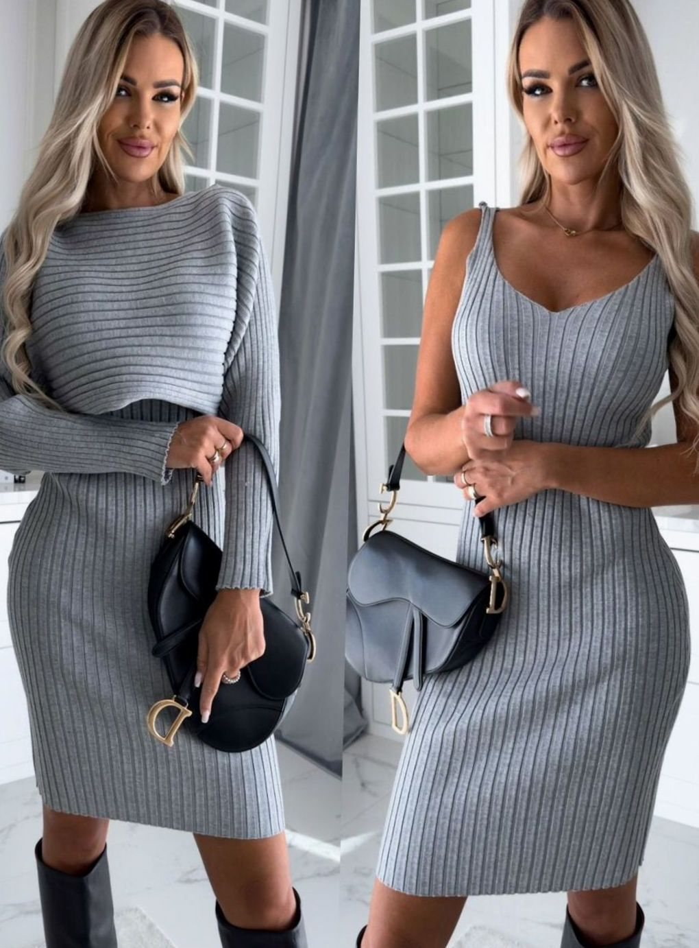Women's Ribbed Knit Sweater Dress Set Long Sleeve Bodycon - Gray