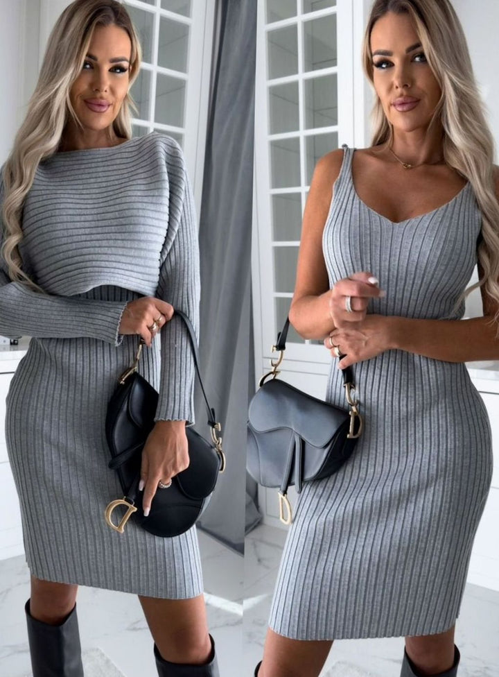 Women's Ribbed Knit Sweater Dress Set Long Sleeve Bodycon - Gray