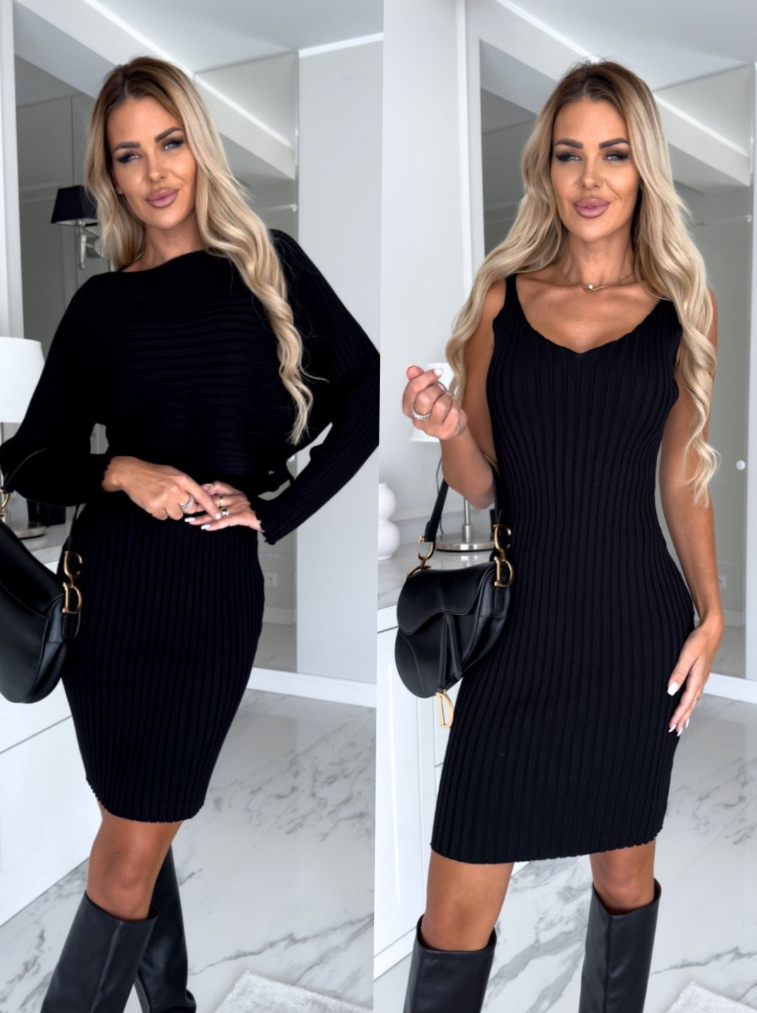 Women's Ribbed Knit Sweater Dress Set Long Sleeve Bodycon - Black