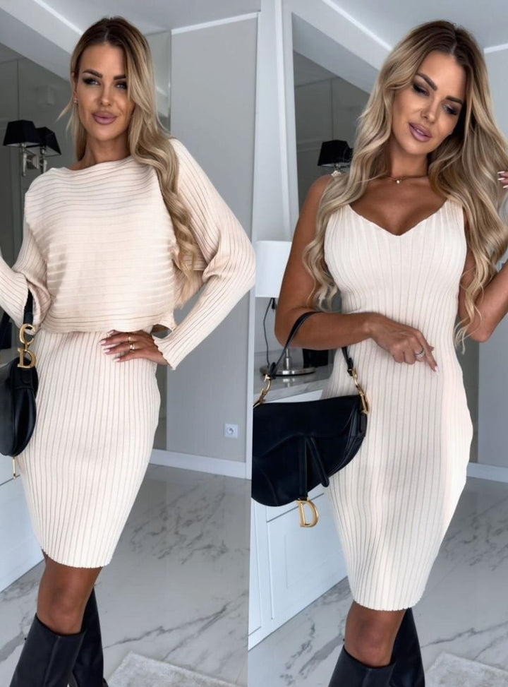 Women's Ribbed Knit Sweater Dress Set Long Sleeve Bodycon - Off-White