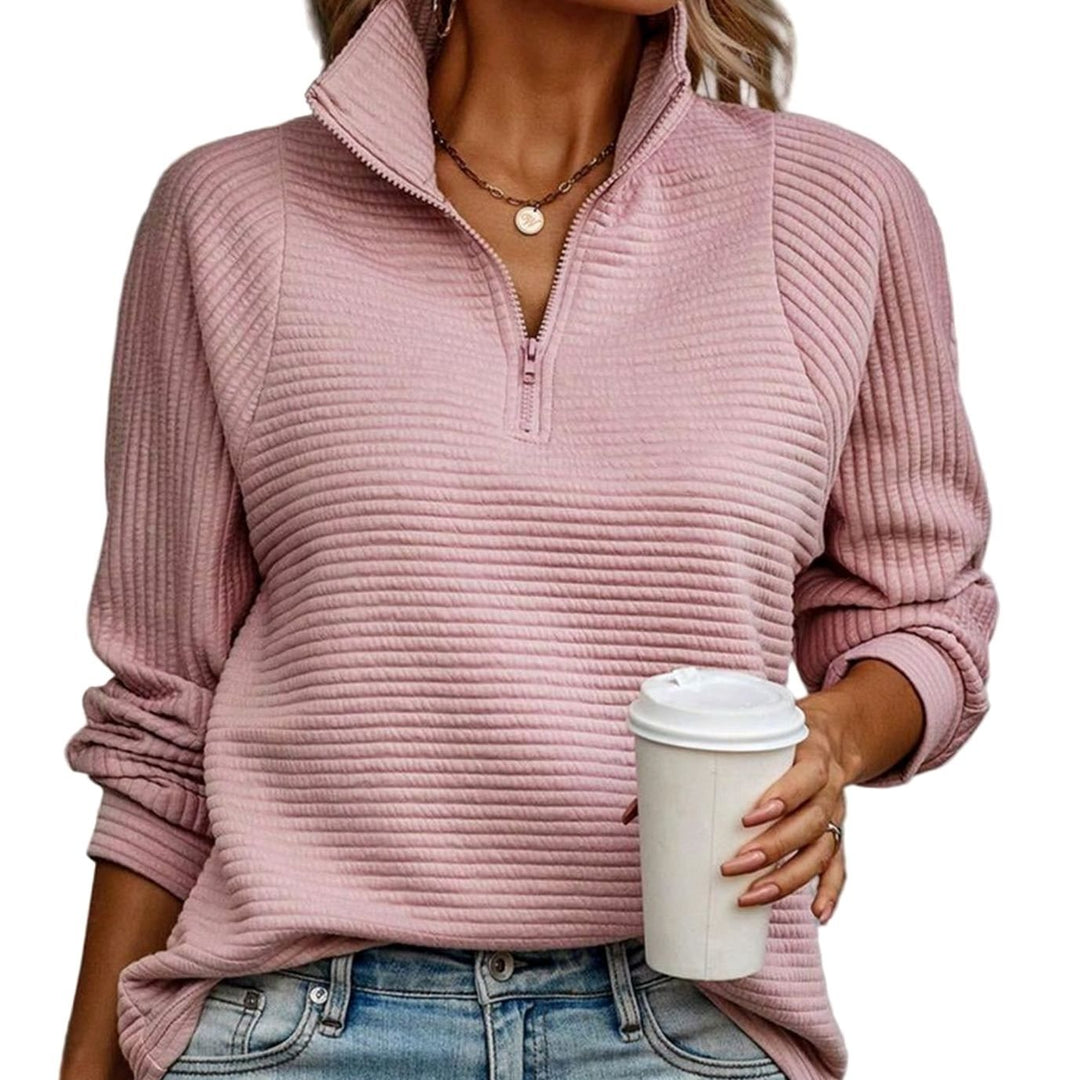 Women's Ribbed Quarter-Zip Mock Neck Pullover Sweater - Pink