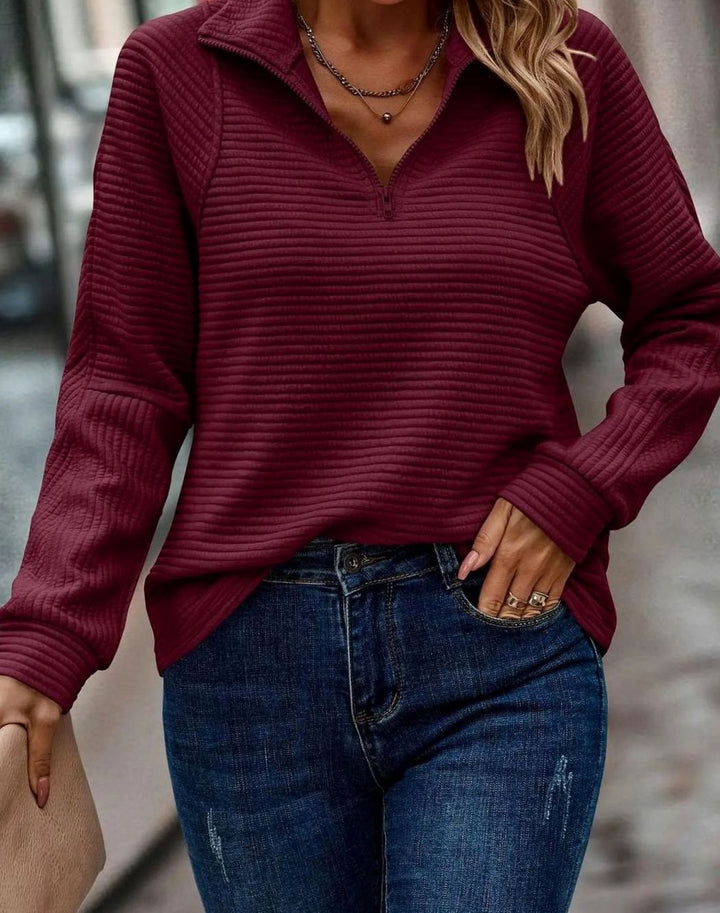 Women's Ribbed Quarter-Zip Mock Neck Pullover Sweater - Wine Red