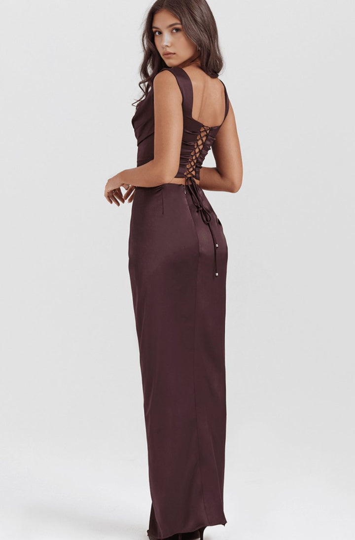 Women's Ruched Crop Top High-Slit Maxi Skirt Two-Piece Set