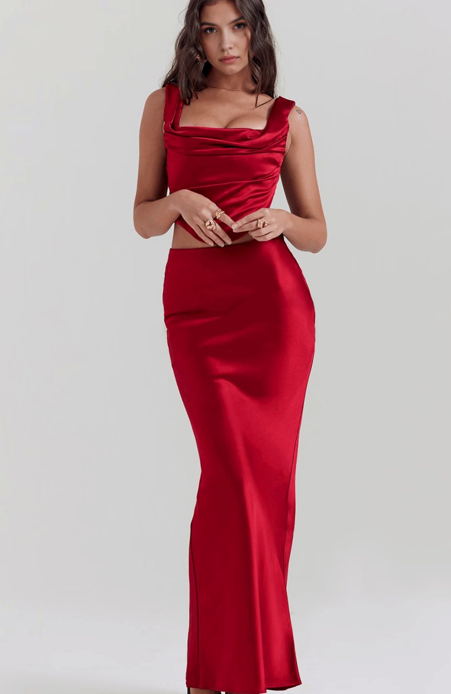 Women's Ruched Crop Top High-Slit Maxi Skirt Two-Piece Set