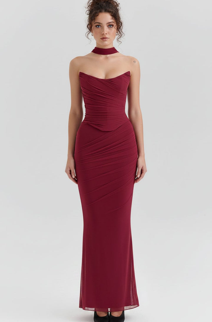 Women's Ruched Mesh Corset Midi Dress Halter Choker Bodycon Gown