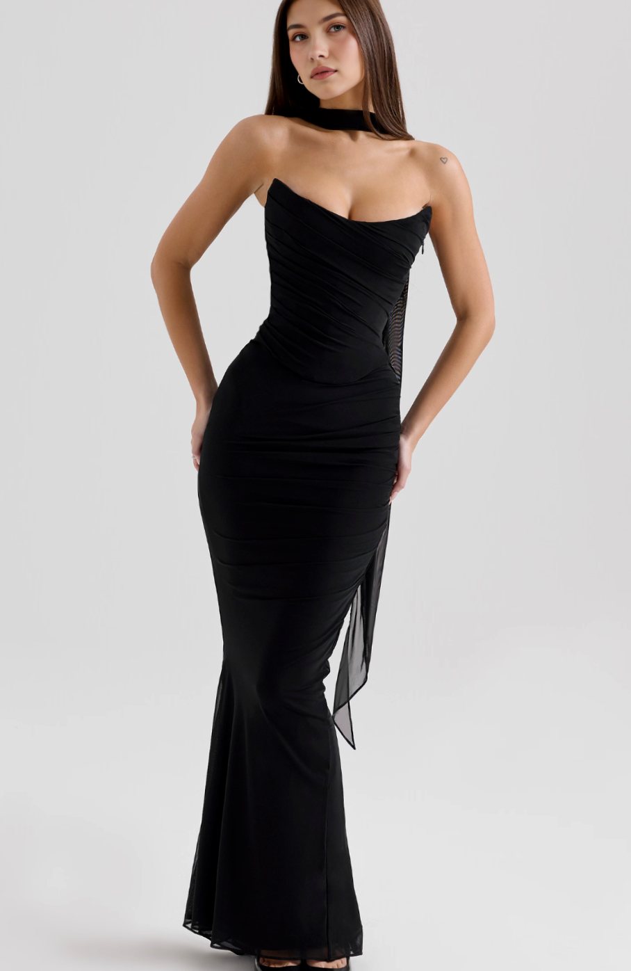 Women's Ruched Mesh Corset Midi Dress Halter Choker Bodycon Gown