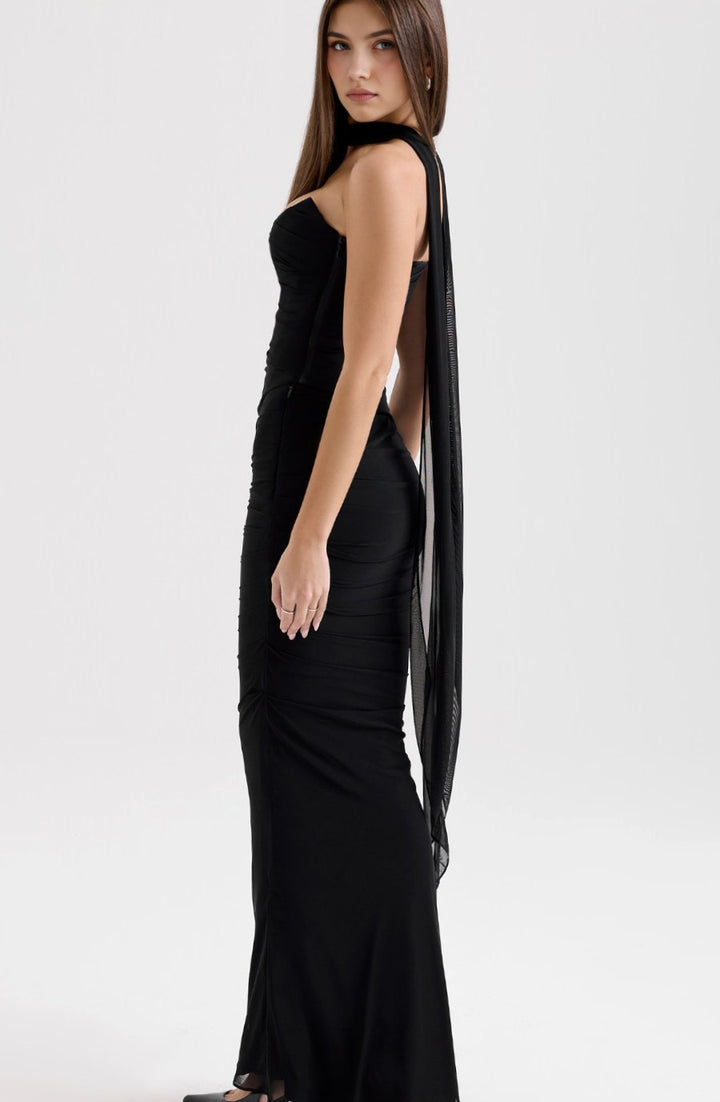 Women's Ruched Mesh Corset Midi Dress Halter Choker Bodycon Gown