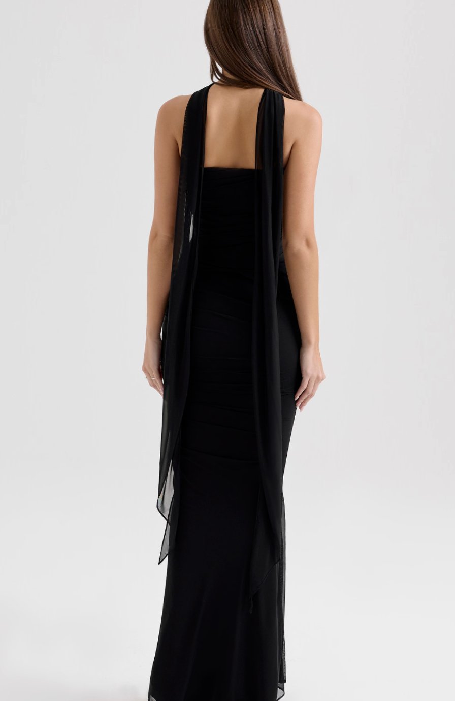 Women's Ruched Mesh Corset Midi Dress Halter Choker Bodycon Gown