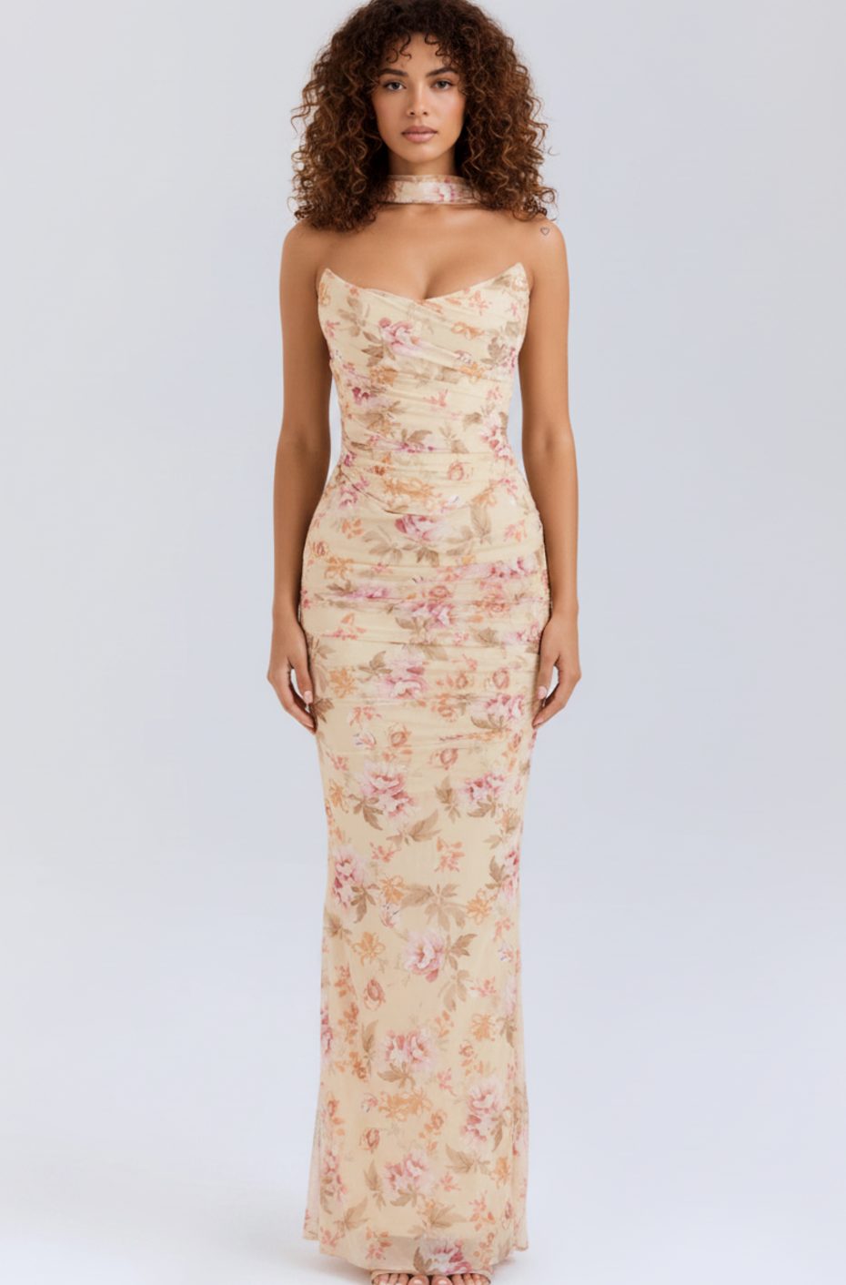 Women's Ruched Mesh Corset Midi Dress Halter Choker Bodycon Gown - Beige Floral