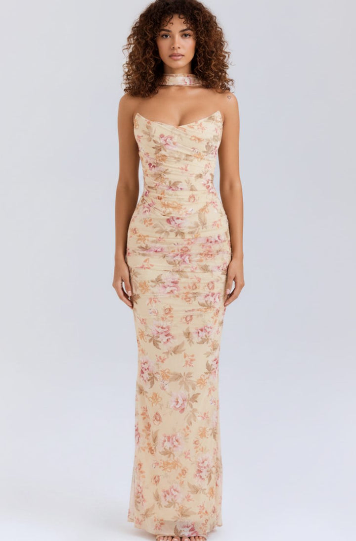 Women's Ruched Mesh Corset Midi Dress Halter Choker Bodycon Gown - Beige Floral