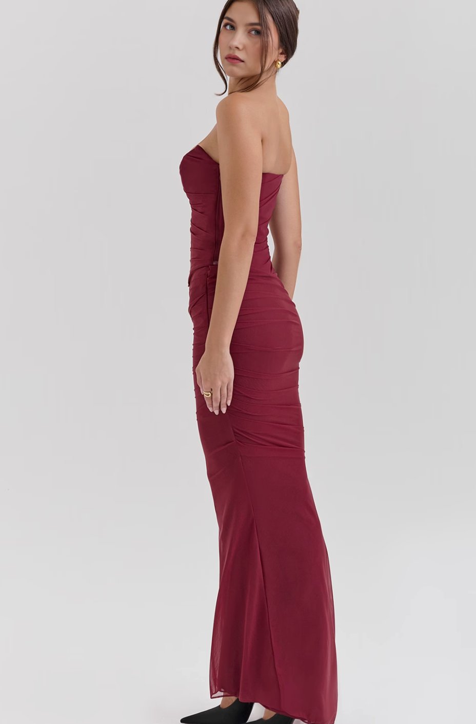 Women's Ruched Mesh Corset Midi Dress Halter Choker Bodycon Gown