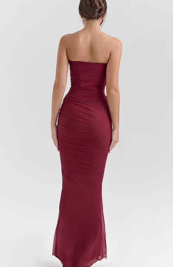 Women's Ruched Mesh Corset Midi Dress Halter Choker Bodycon Gown