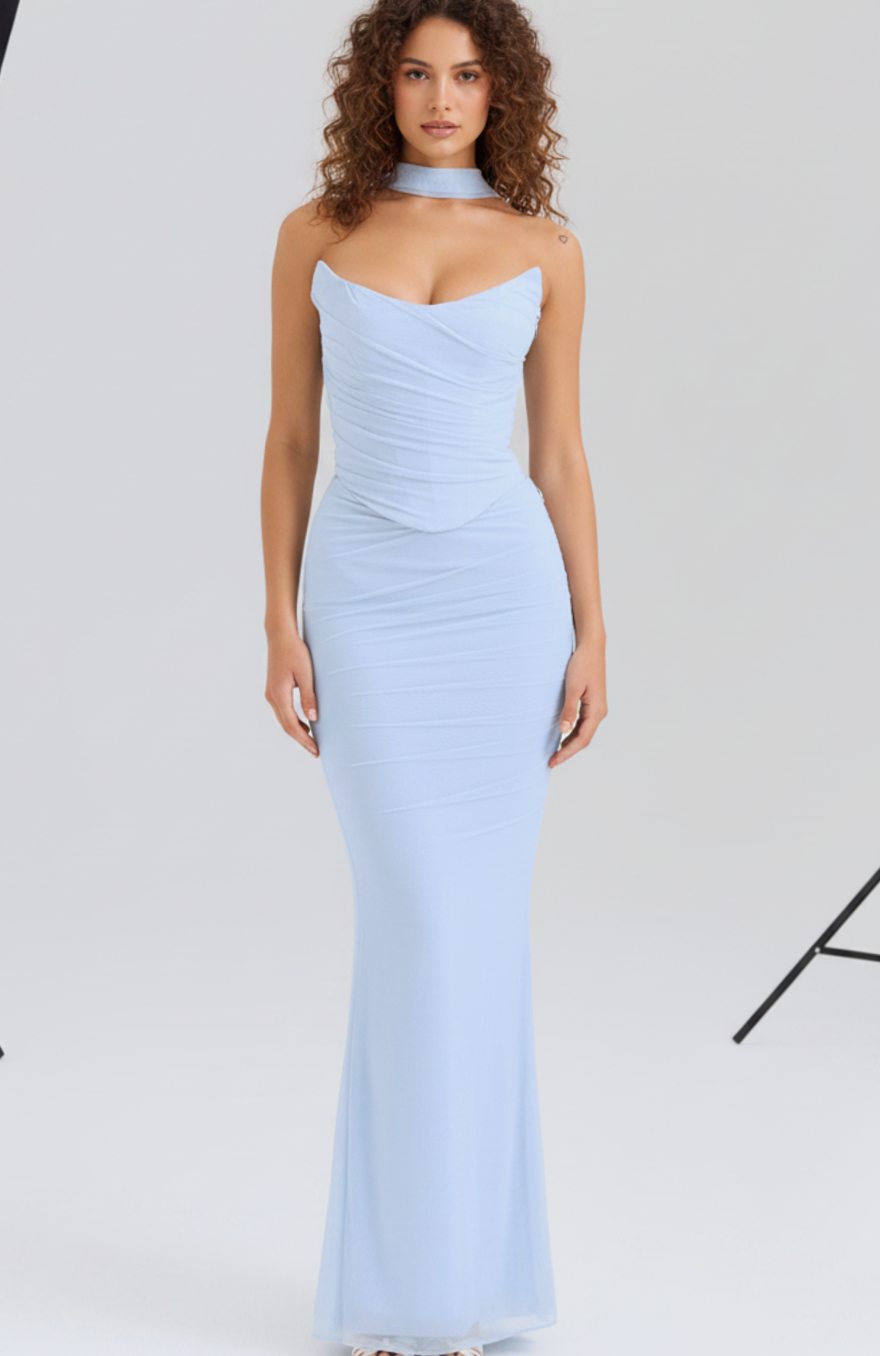 Women's Ruched Mesh Corset Midi Dress Halter Choker Bodycon Gown