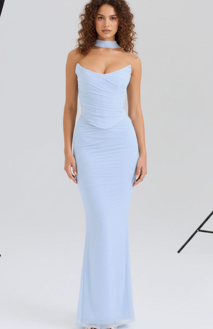 Women's Ruched Mesh Corset Midi Dress Halter Choker Bodycon Gown