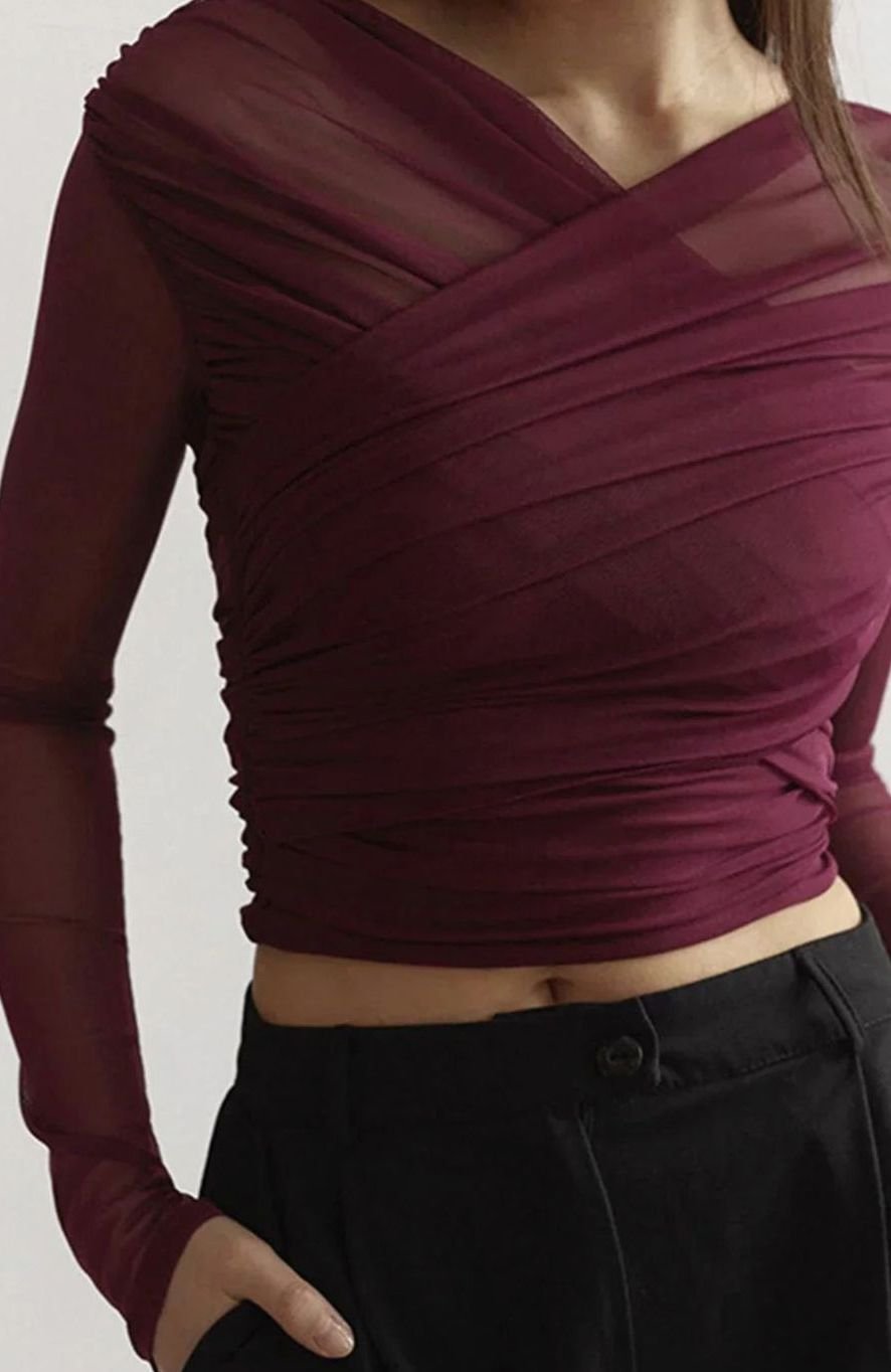 Women's Ruched Mesh Long Sleeve Going Out Crop Top