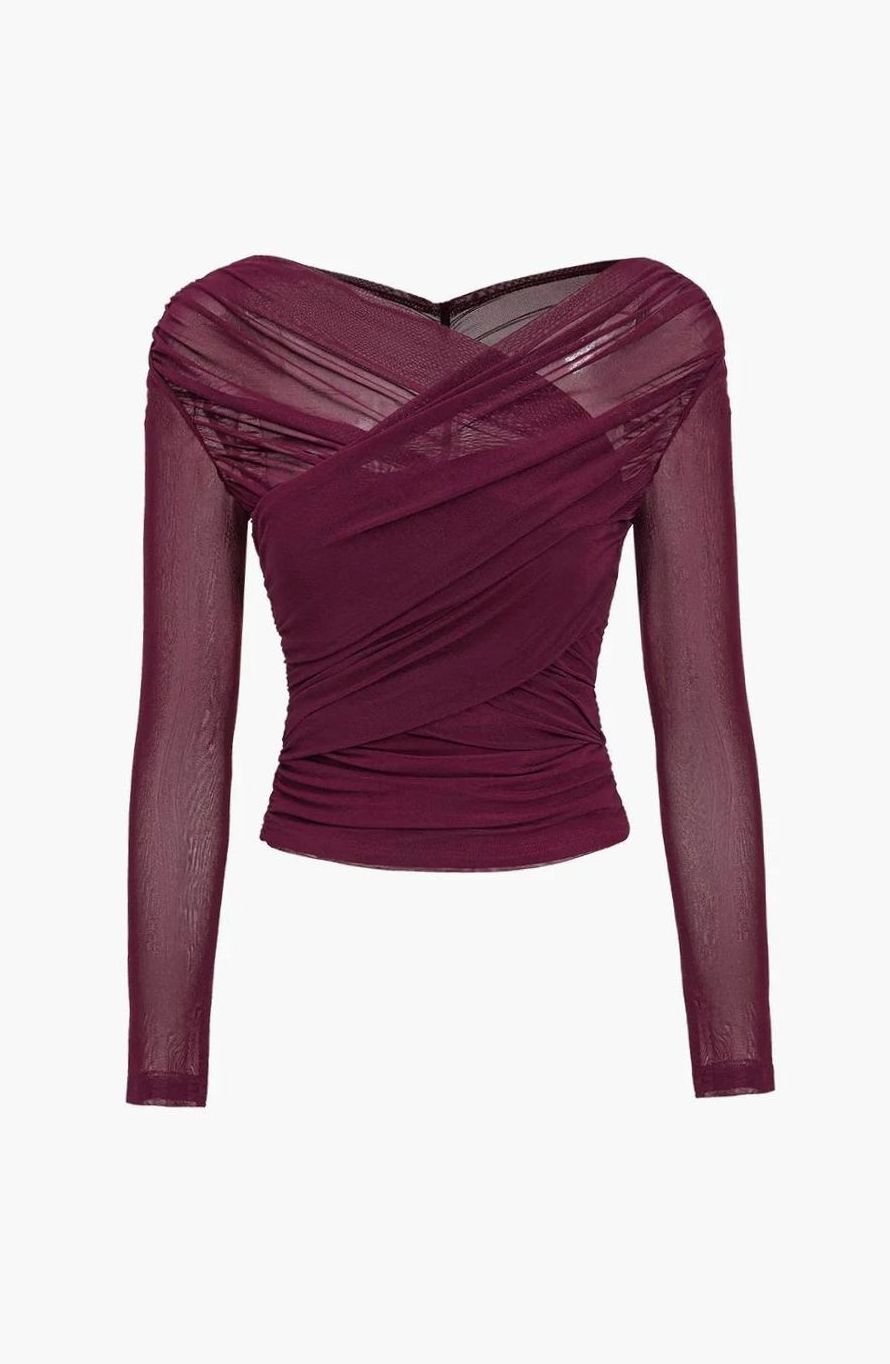 Women's Ruched Mesh Long Sleeve Going Out Crop Top - Burgundy