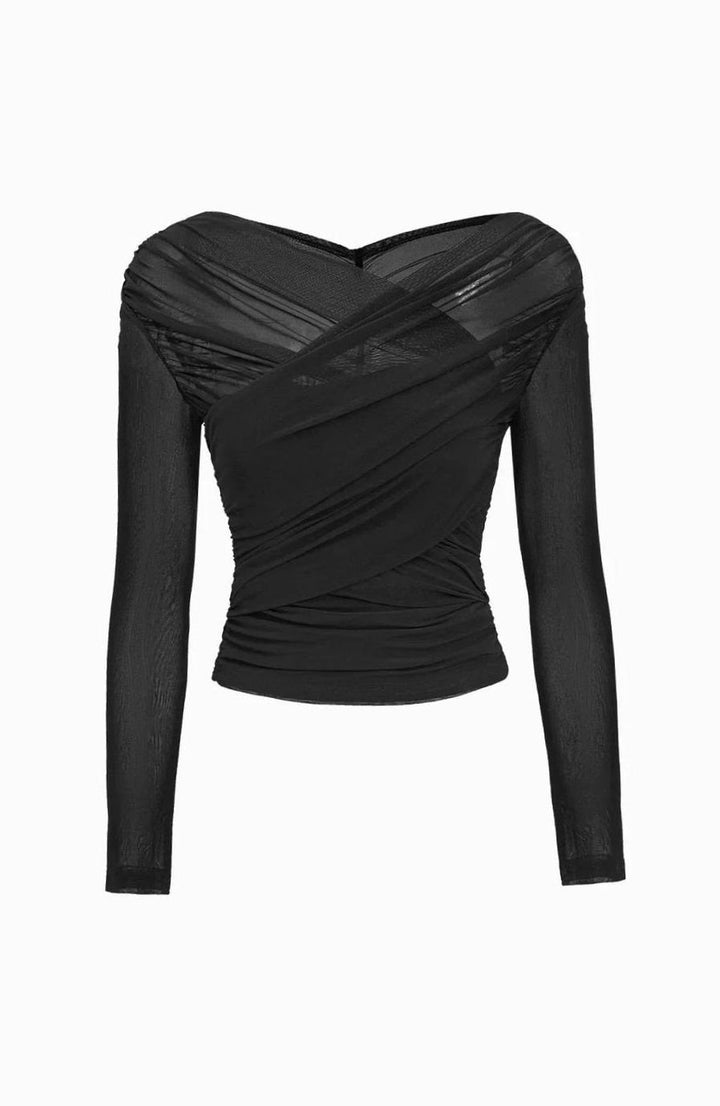Women's Ruched Mesh Long Sleeve Going Out Crop Top - Black