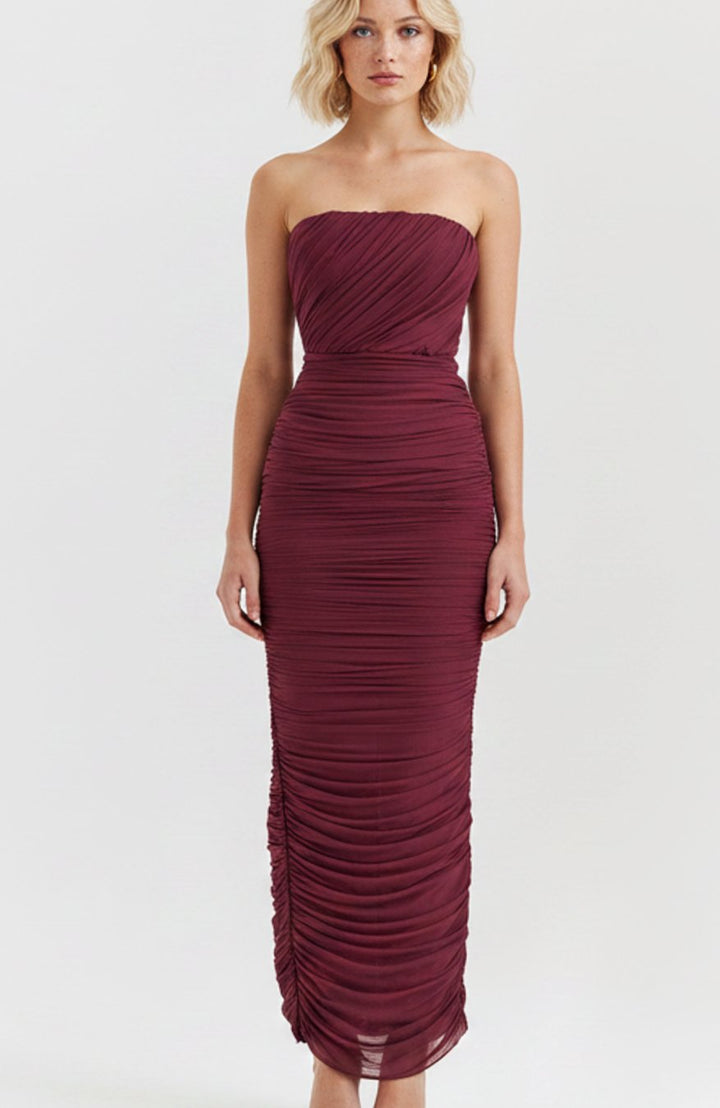 Women's Ruched Strapless Mesh Maxi Dress
