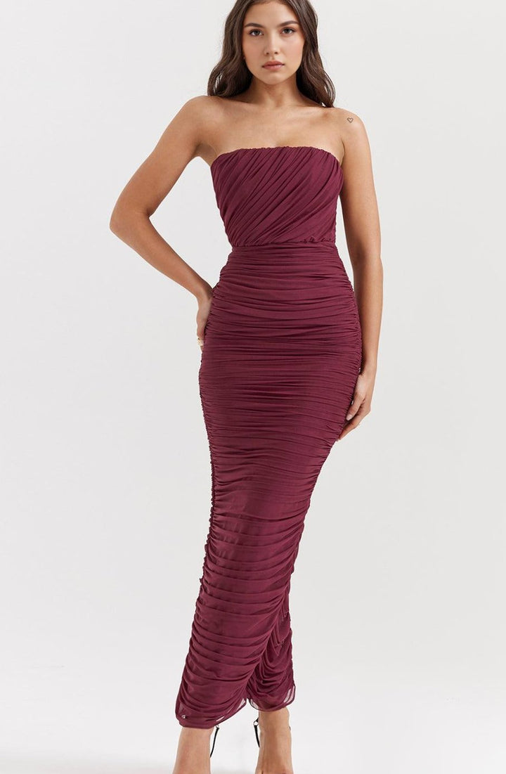Women's Ruched Strapless Mesh Maxi Dress - Marsala