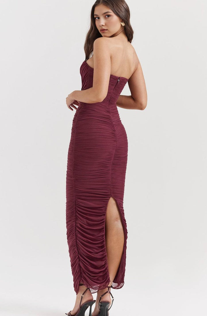 Women's Ruched Strapless Mesh Maxi Dress