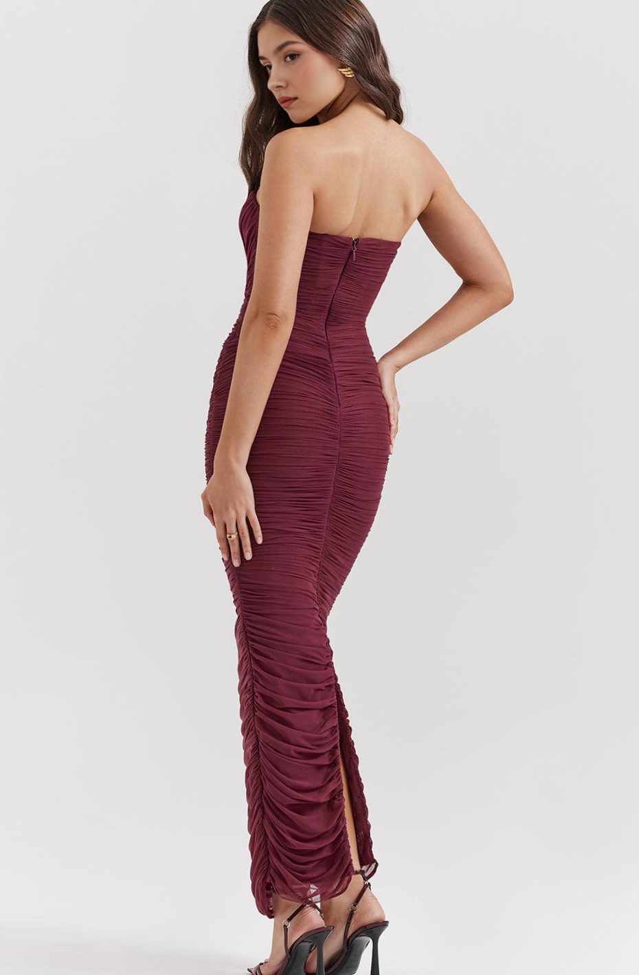 Women's Ruched Strapless Mesh Maxi Dress