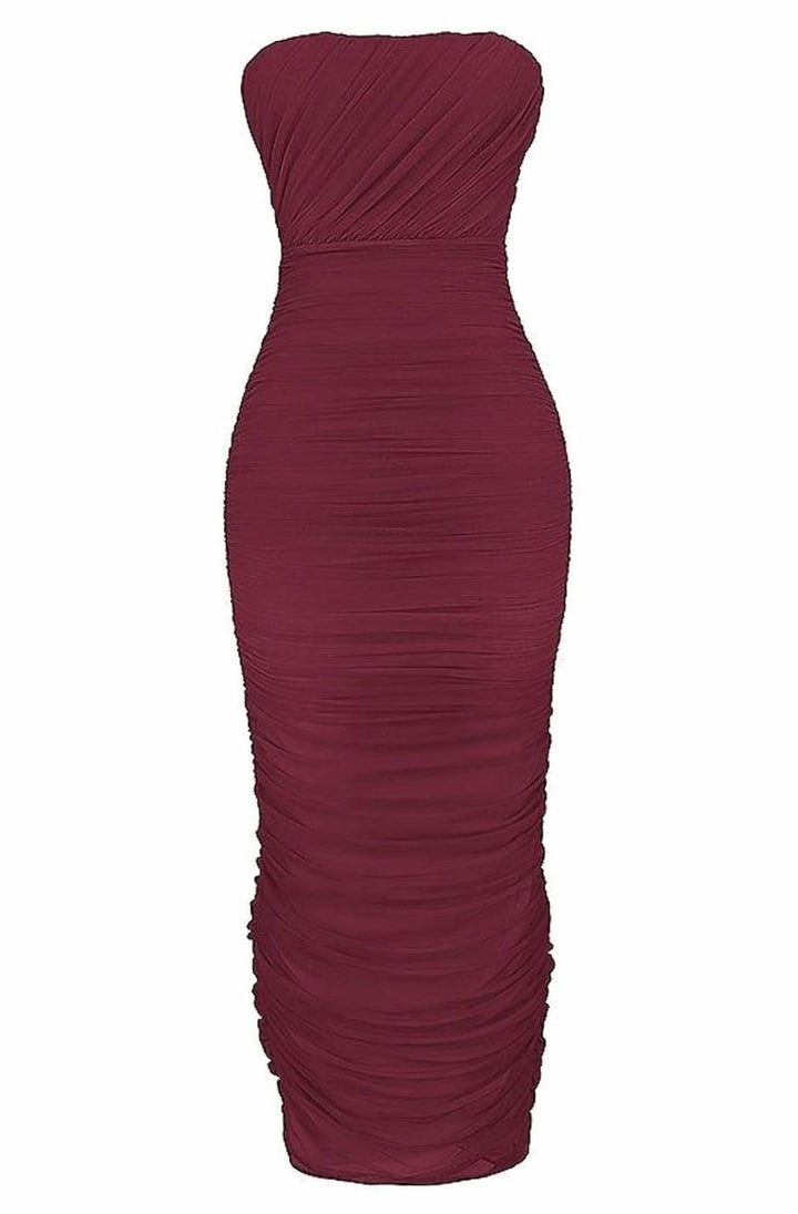 Women's Ruched Strapless Mesh Maxi Dress