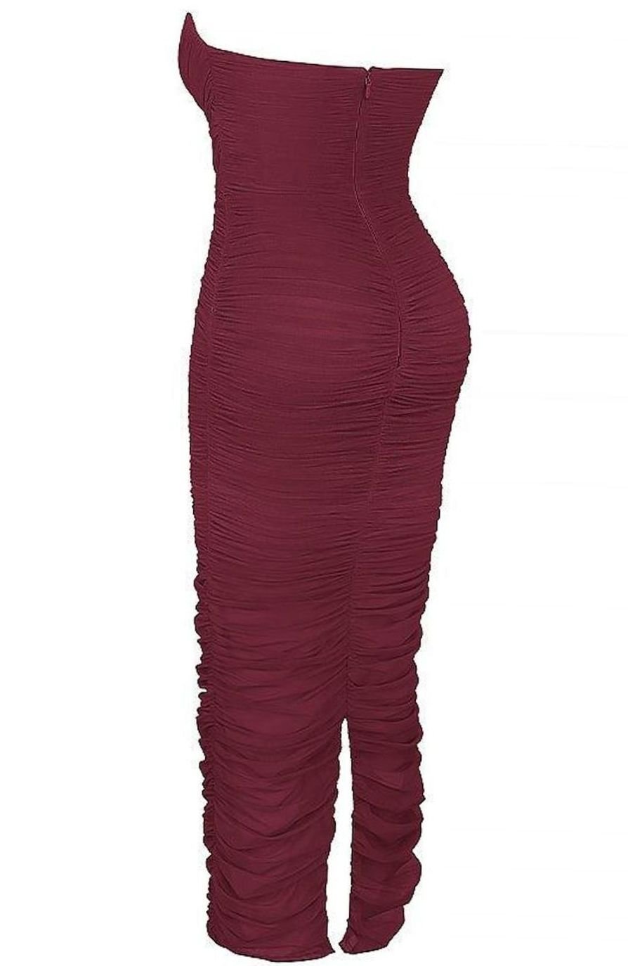 Women's Ruched Strapless Mesh Maxi Dress