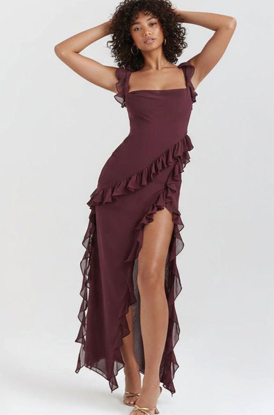 Women's Ruffle-Trim Square-Neck High-Slit Comfortable Midi Dress
